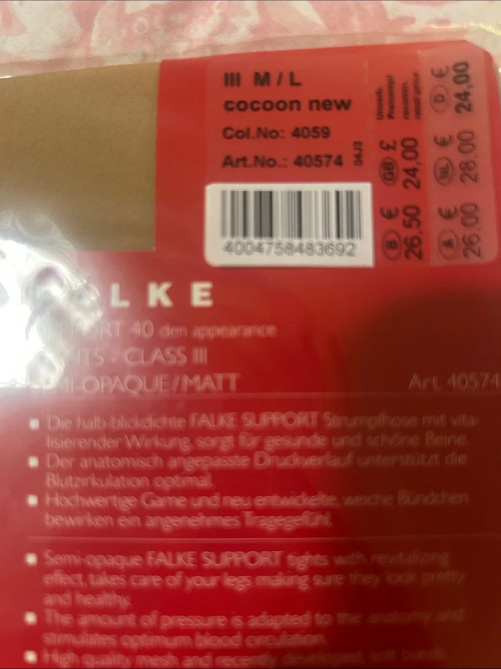 Falke Active Support 40 denier matte Tights in Cocoon (Neutral Nude) M/L NIB